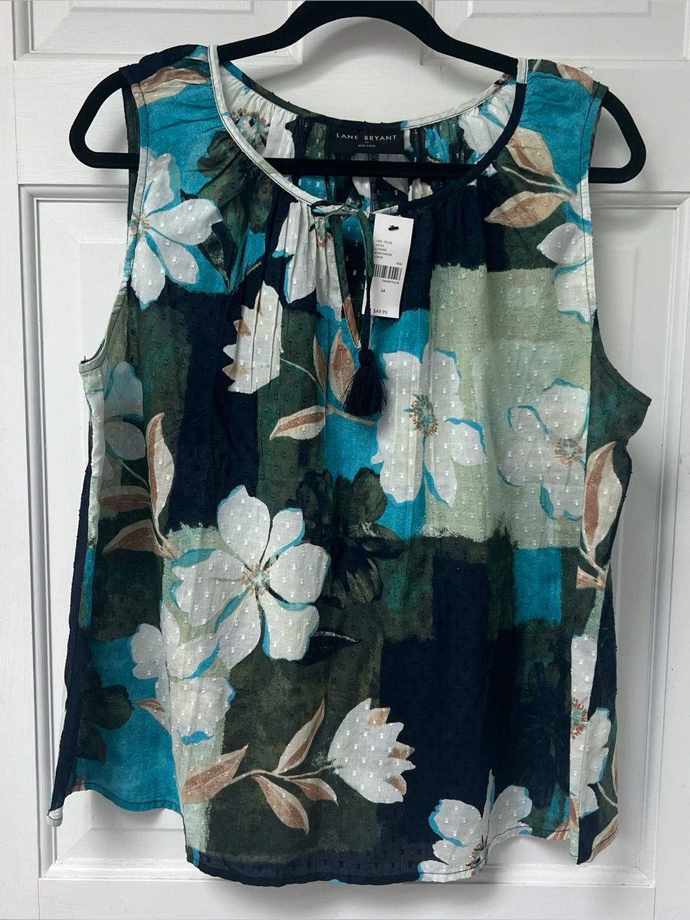 New Lane Bryant Teal/Navy Floral Sleeveless Top, 100% Cotton Tassel Tie, Size 14